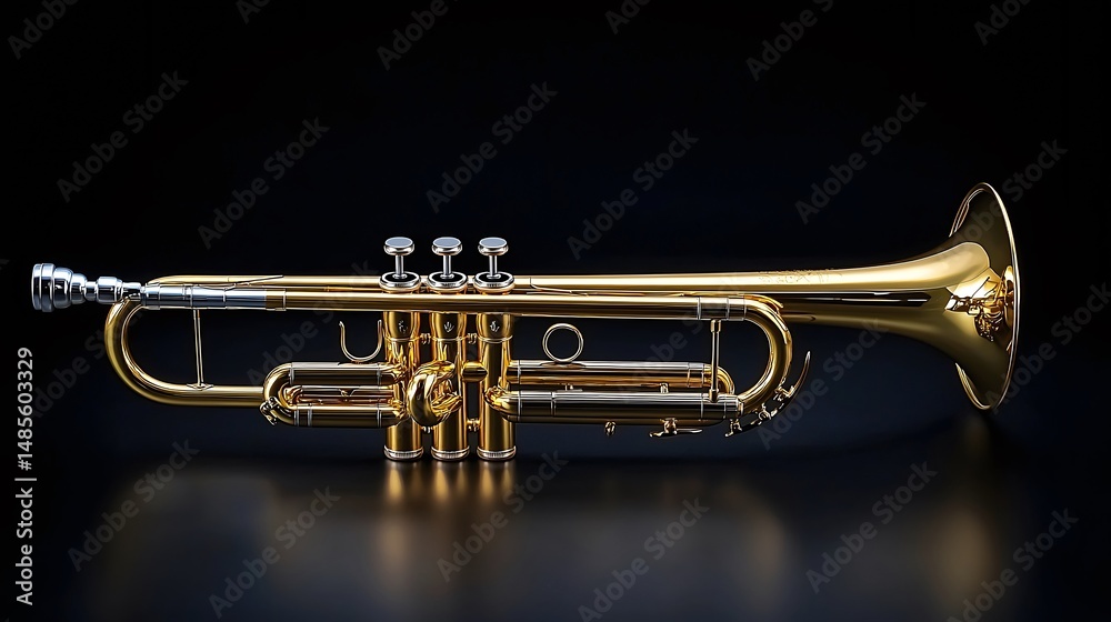 Obraz premium Trumpet lying on reflective surface with studio light highlighting its elegant design and finish