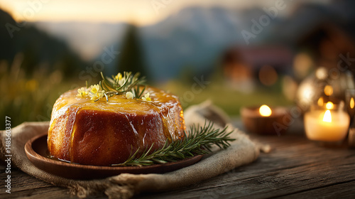 Traditional Slovenian potica cake with honey glaze and rosemary, celebrating national heritage and warmth.