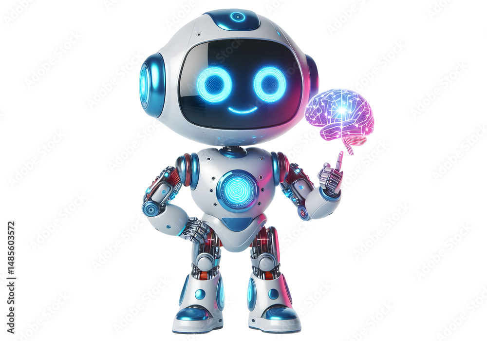 Ai robot Character in Holding a glowing brain hologram Friendly isolated on white background Ai robot Character in Holding a glowing brain hologram Friendly isolated on white background
