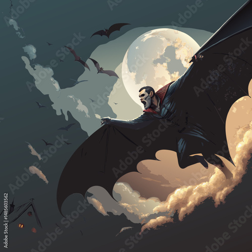 Dracula's Midnight Flight Against a Glowing Moonlit Background