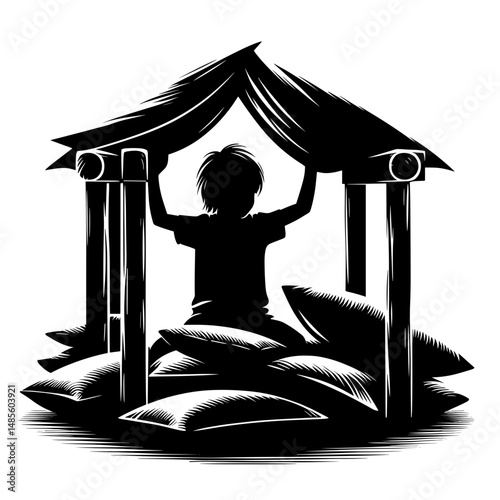 Child holding blanket fort using pillows