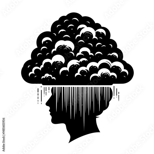 Silhouette head covered in rain cloud