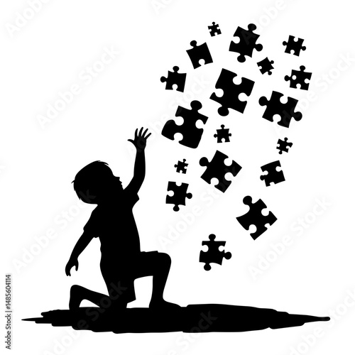 Child reaching for jigsaw pieces in silhouette style with black color