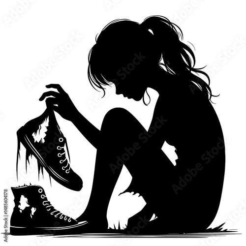 Woman sitting holding shoes against plain background