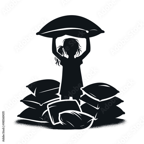 Silhouette Person Holding Pillow Above Pile