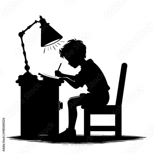 Child writing at desk with lamp