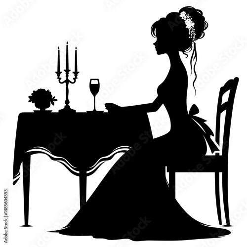 Elegant woman sitting at table with candle and wine glass