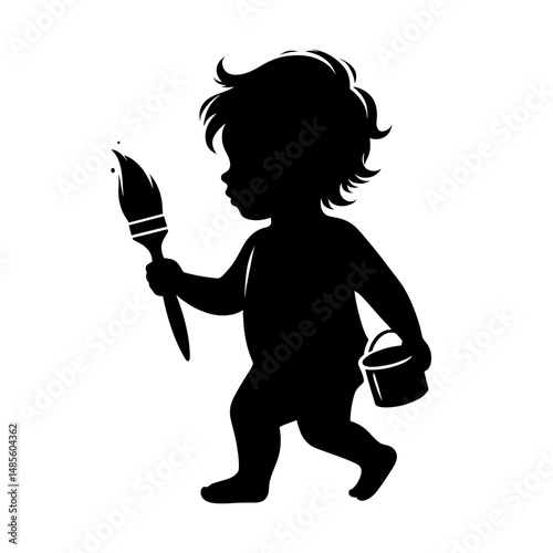 Silhouetted child holding paintbrush and bucket