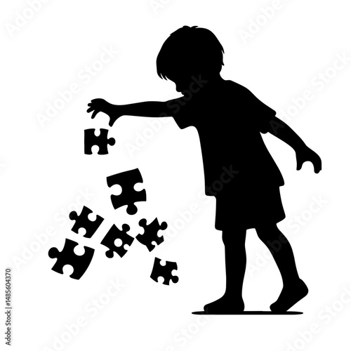 Child placing puzzle pieces together on white background
