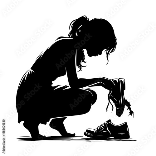 Sad person tying shoelaces against white background