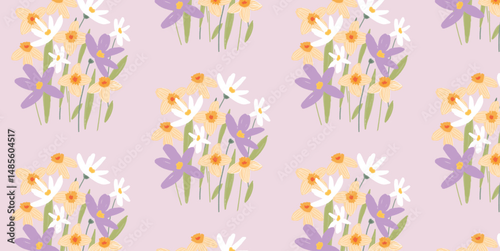 Fototapeta premium Floral seamless pattern. Hand-drawn bouquets of daffodils, white and purple flowers on pastel pink background. Botanical design for fabric, wallpaper, gift wrapping, decoration. Vector illustration