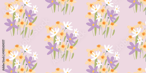 Floral seamless pattern. Hand-drawn bouquets of daffodils, white and purple flowers on pastel pink background. Botanical design for fabric, wallpaper, gift wrapping, decoration. Vector illustration