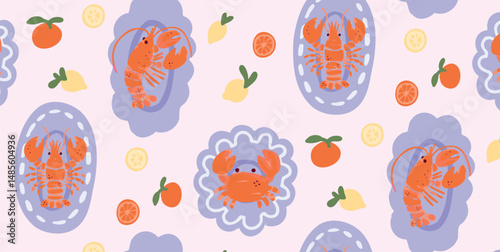 Seamless pattern with cooked Lobster and Crab on serving plates. Lemon and orange slices, mandarin fruits. Decorative seafood picnic layout. Vector illustration.