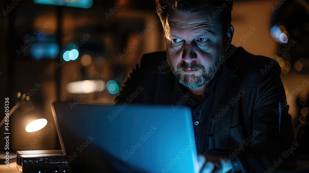 Fototapeta premium Cybercrime concept, hacker in a dark room with a laptop