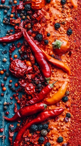 Cracked chili pepper mixture with diverse colors and textures showcases the vibrant world of spicy ingredients in a culinary setting