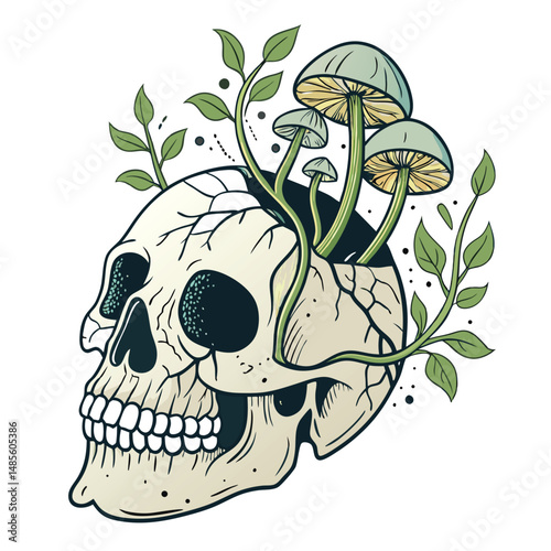 A decaying human skull, fractured and overgrown with luminous green mushrooms and thick, twisting vines, set against a dark, moody background.