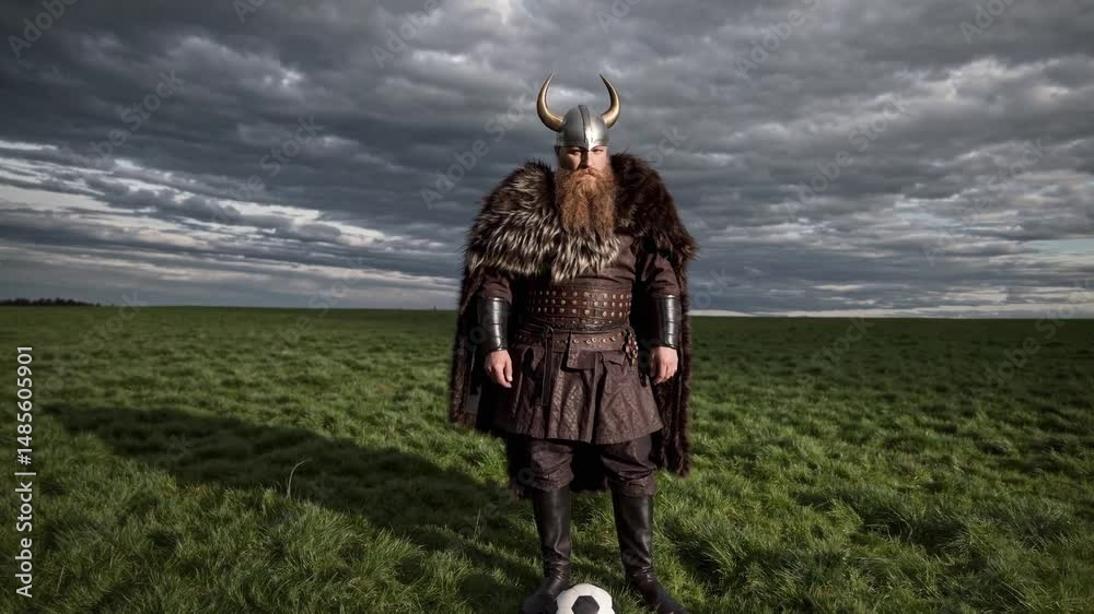 Viking en tenue traditionnelle posant avec un ballon de football sur un champ herbeux

