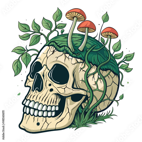 A decaying human skull, fractured and overgrown with vibrant, bioluminescent mushrooms and creeping vines in a dark, damp forest setting.  Focus on texture and detail.