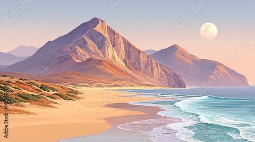 Peaceful Coastal Dawn Sandy Beach, Majestic Mountains, and Full Moon