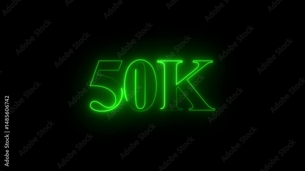 Glowing neon line with 50k Ultra video technology icon isolated on black background. celebration 50K followers for page like, comment share, Thank You, social sites post