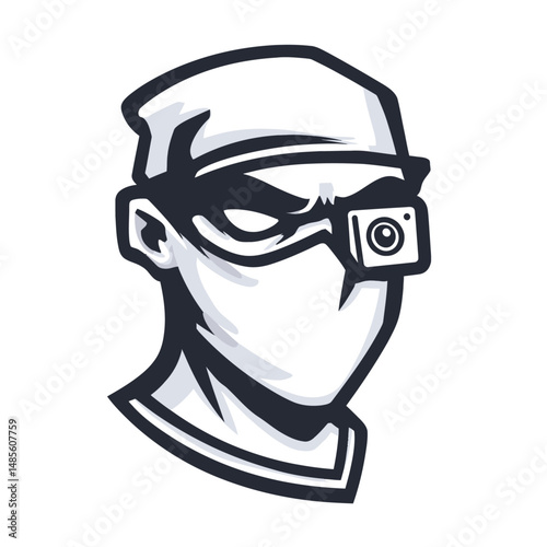 Masked Urban Character Mascot Head Logo with Cap and Headphones in Vector Style perfect for anonymous gamer avatars and streetwear branding