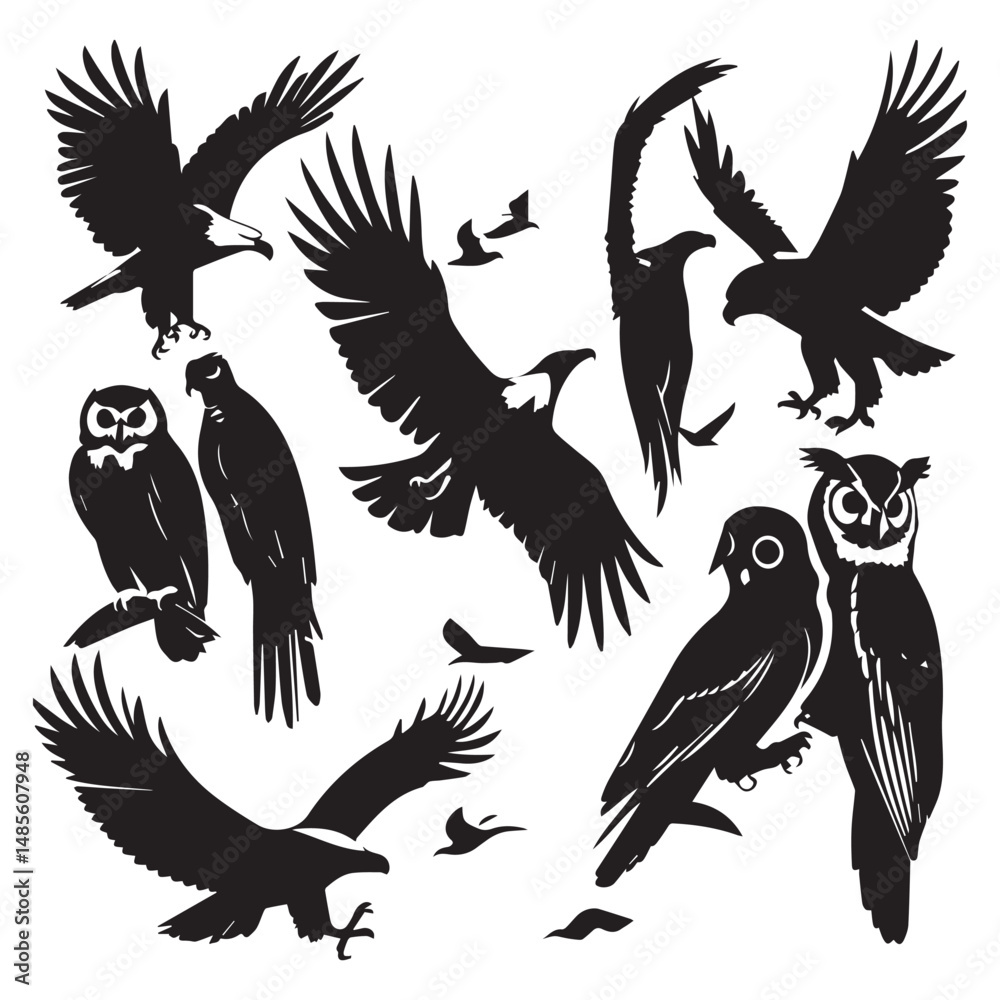Obraz premium Set of black bird' vector icon silhouettes isolated on white background