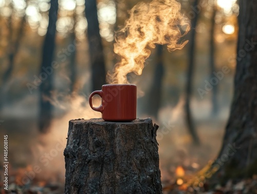 Enjoying a warm coffee mug on a peaceful campsite surrounded by tall trees and the beauty of nature in the early morning light