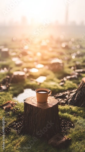 A peaceful campsite awaits, featuring a cozy coffee mug placed gently on a tree stump as the sun rises, illuminating the scene