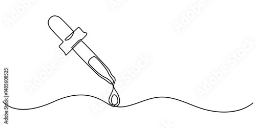 Eyedropper and drop of essential oil, Dropper and bottle with serum or oil, line. Cosmetic product in vial with pipette. Outline simple vector, continuous one line drawing, minimalist concept pro.