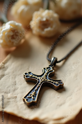 close-up of a vintage-style cross pendant lying on a textured parchment background with dried flowers softly blurred in the distance