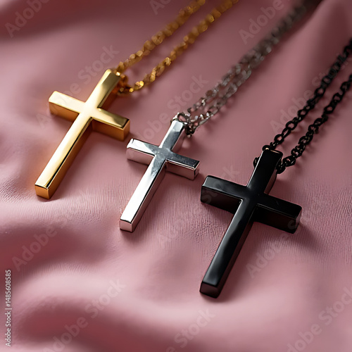 artistic arrangement of multiple cross pendants in different materials like gold, silver, and black metal on a soft velvet fabric background
