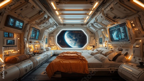 Fototapeta Naklejka Na Ścianę i Meble -  Futuristic space ship interior with sleeping quarters.