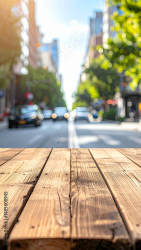 Wallpaper Mural Rustic wooden table on busy urban sidewalk with blurred traffic in background, natural daylight, perfect outdoor setting for product mockups, street food concepts, or urban lifestyle advertising

 Torontodigital.ca