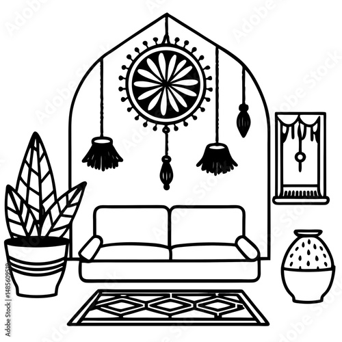 Boho Living Room Silhouette – Black Vector on White