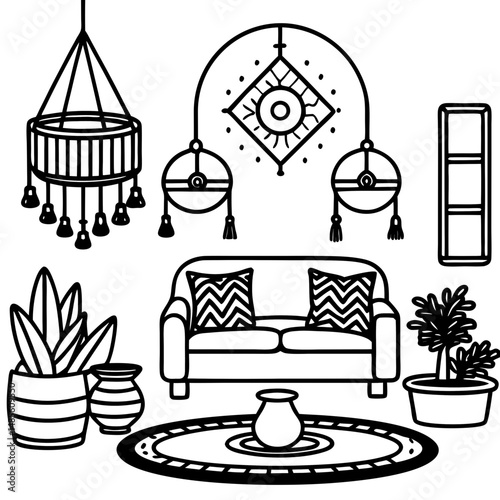 Boho Living Room Silhouette – Black Vector on White