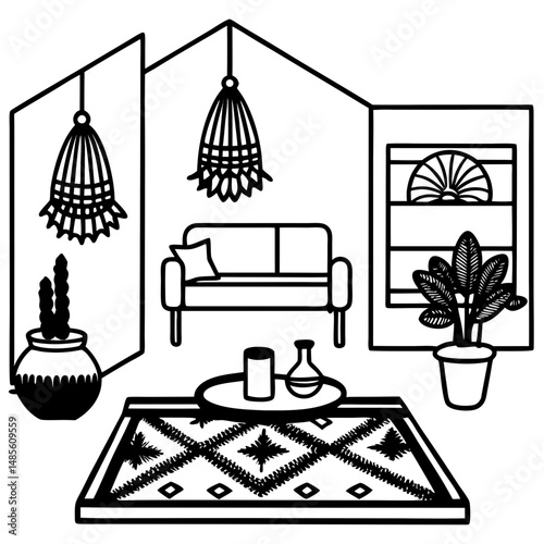 Boho Living Room Silhouette – Black Vector on White