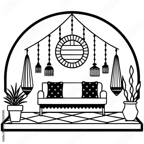 Boho Living Room Silhouette – Black Vector on White