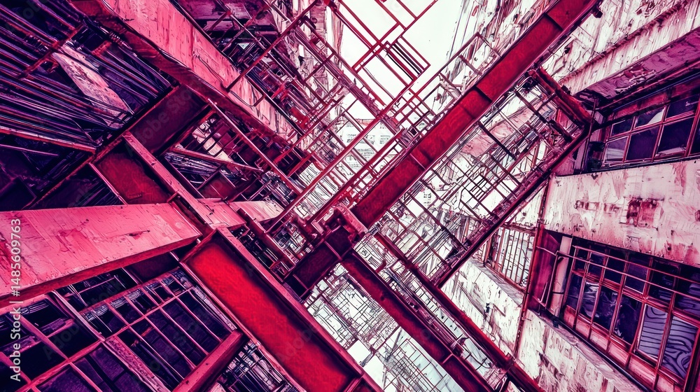 Fototapeta premium Abstract Crimson Industrial Architecture: A Geometric Symphony of Rust and Steel
