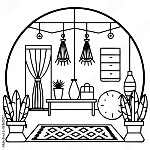 Boho Living Room Silhouette – Black Vector on White