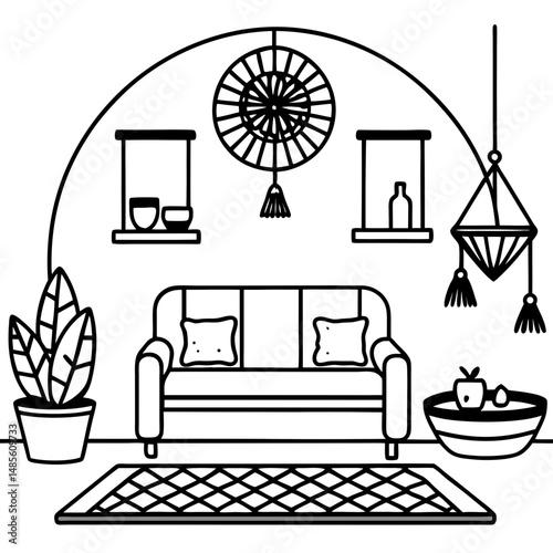 Boho Living Room Silhouette – Black Vector on White