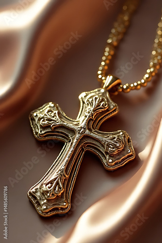 luxurious close-up of an ornate cross pendant with intricate details placed beside soft silk folds, glowing highlights, balanced placement