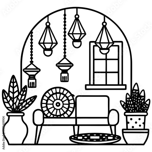 Boho Living Room Silhouette – Black Vector on White