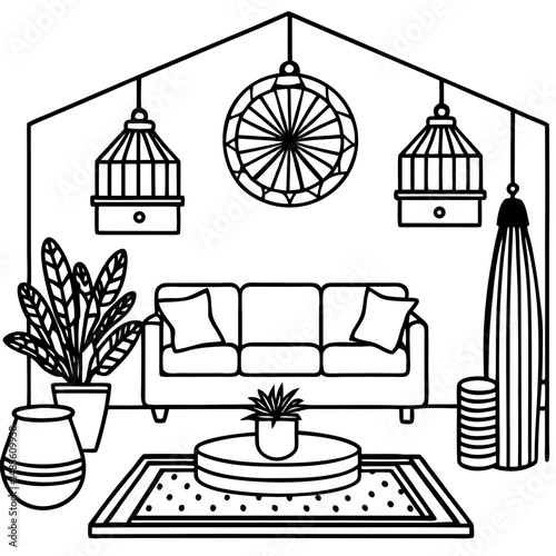 Boho Living Room Silhouette – Black Vector on White