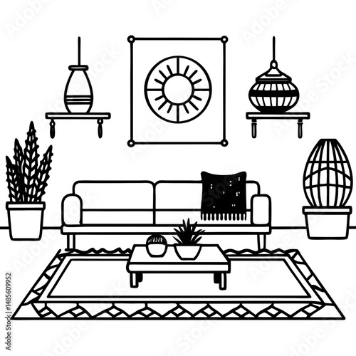 Boho Living Room Silhouette – Black Vector on White