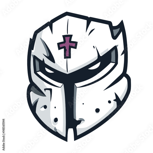 Knight Helmet Mascot Head Logo with Cross Design in Medieval Vector Style perfect for RPG content and historical branding