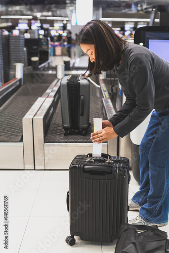 Woman putting flight tag on her luggage at check in counter at airport.