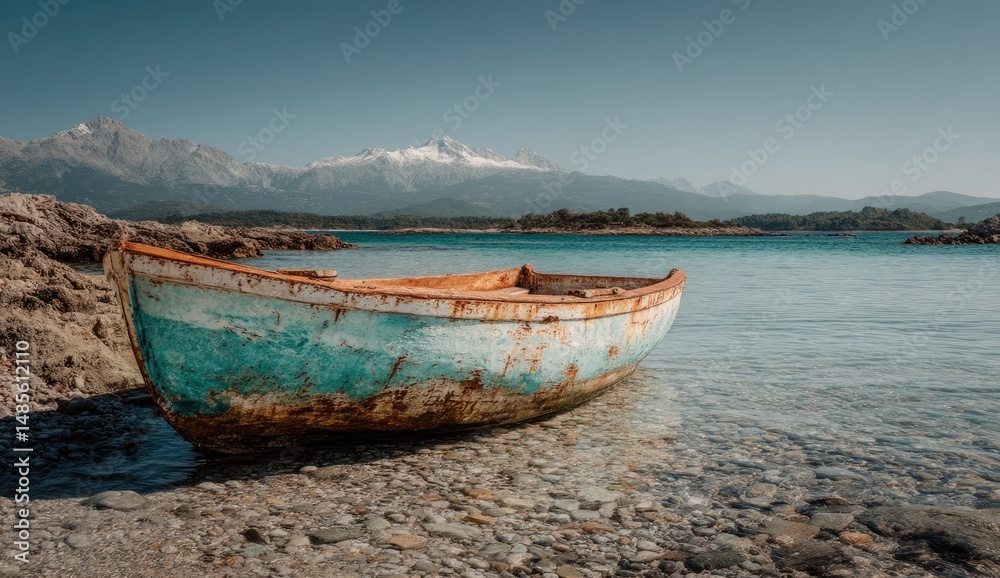 Rustic fishing boat rests on a tranquil beach Rustic fishing boat rests on a tranquil beach