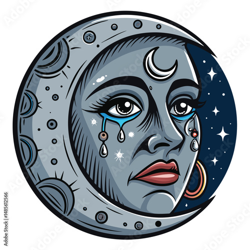 Render a grayscale image of a weeping moon, its surface textured, featuring multiple piercings and clouded, sorrowful eyes.  Emphasis on emotional detail.