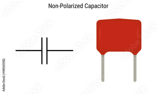 Non-Polarized Capacitor circuit schematic symbol and physical component representation. Vector illustration for use in electrical engineering, electronics tutorials, and technology-related content