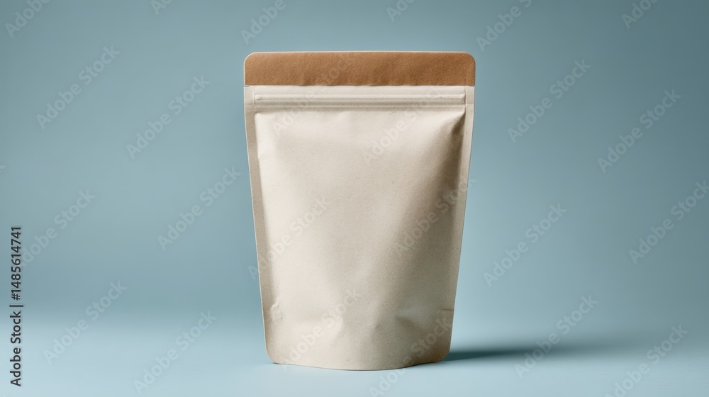 Minimalist beige stand-up pouch with resealable zipper for packaging food snacks or products isolated on a light blue background Minimalist beige stand-up pouch with resealable zipper for packaging food snacks or products isolated on a light blue background